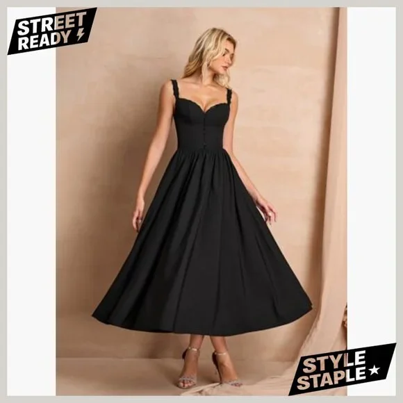 Midi Dress with Pockets A-Line Lace Spaghetti Strap Formal Summer Sundress